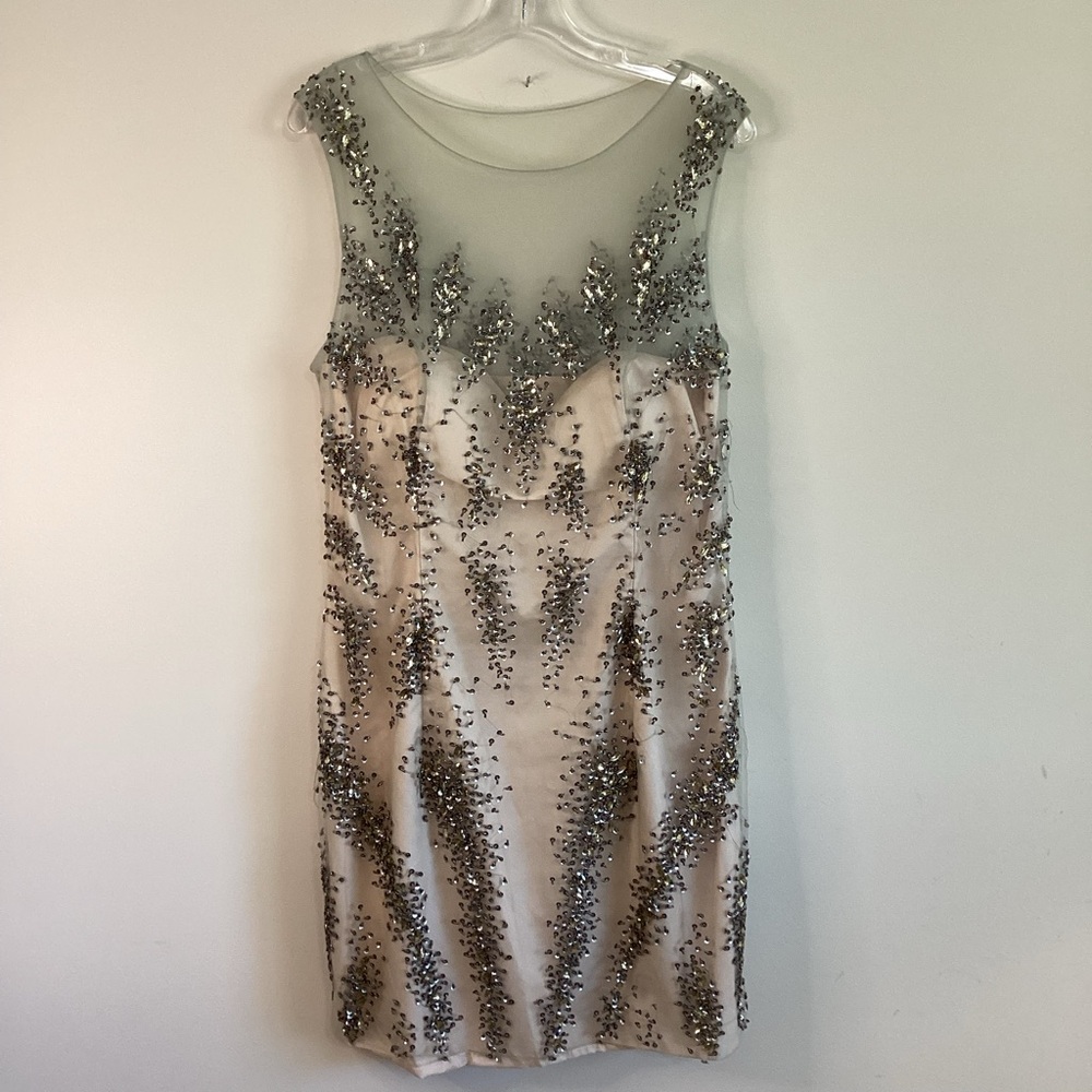 Terani Couture Nude and Silver Beaded Mini Dress
